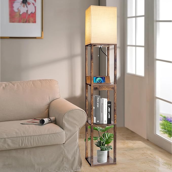 RUNTOP Floor Lamp with Shelves, Shelf Floor Lamp with Wireless Charger & 2 Charging USB Ports & Drawer, AC Outlet, 3 Color Temperature Tall Standing Lamp with Bulb for Living Room, Bedroom, Office