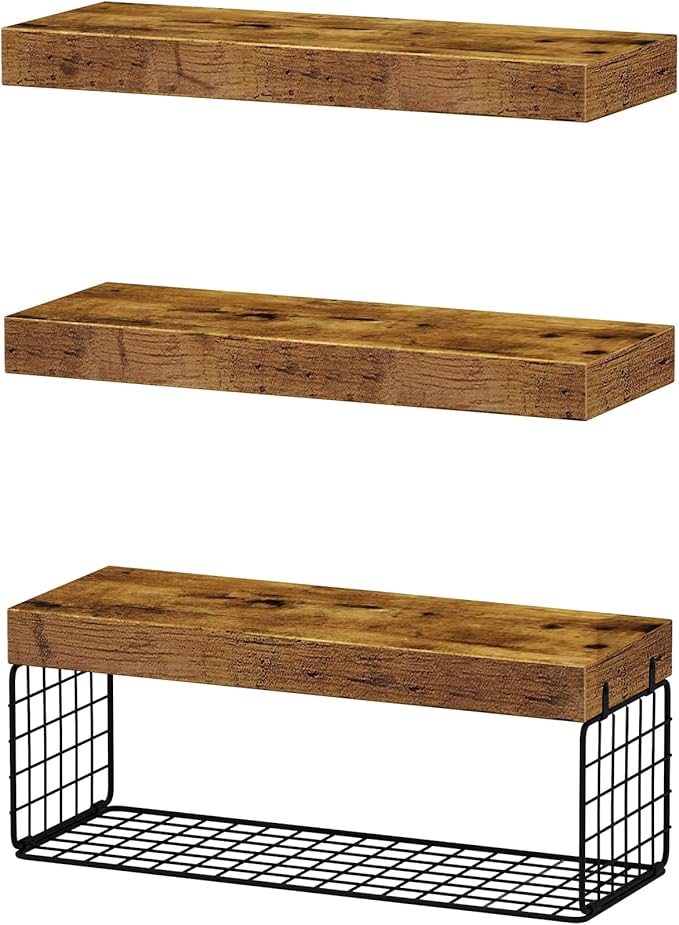 QEEIG Bathroom Shelves Over Toilet - Wall Mounted Floating Shelves Toilet Paper Storage Small Farmhouse Decor Shelf 16 inch Set of 3, Rustic Brown (019-BN3)