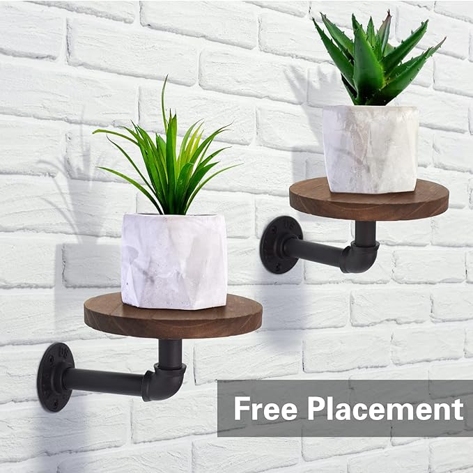 5.9inch Wall Mounted Floating Shelves Round Display Rack with Metal Industrial Pipe Brackets, Rustic Wood Shelving for Bedroom, Bathroom, Living Room, Kitchen, Set of 2