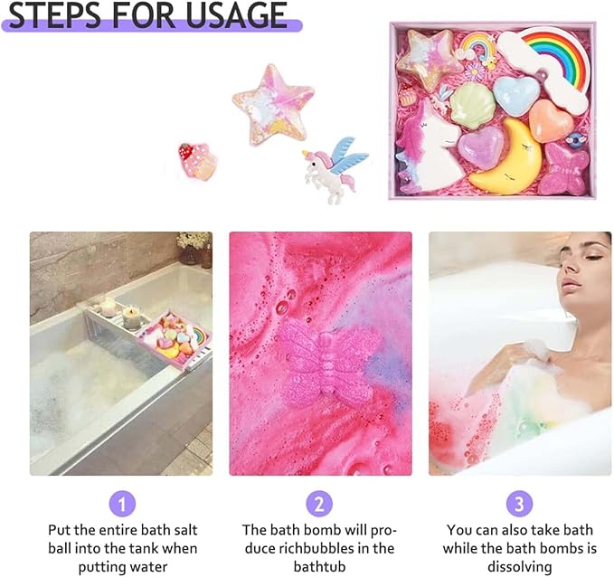 EBS Rainbow Bath Bombs Gift Set, 9 Pcs Handmade Bubble Bath Fizzies, Unicorn Bath Bomb Set for Girls, Natural Organic Bath Bombs Safe for Kids & Toddlers, Gift for Valentine's Day