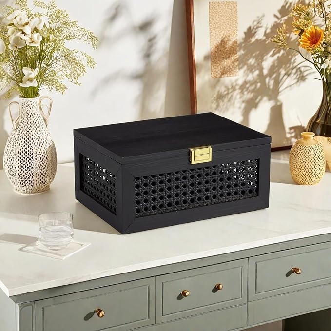 Decorative Rattan Storage Boxes Solid Wood Woven Baskets Bins with Lid Keepsake Memory Jewelry Box Natural Boho Shelf Wicker Closet Desk Organizer Container (Black, Large Size)