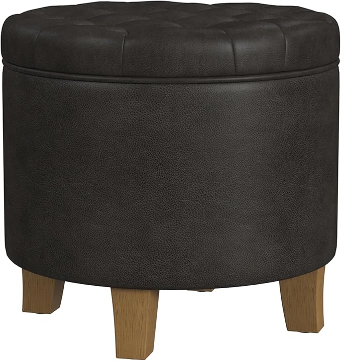 HomePop Home Decor | Upholstered Round Faux Leather Tufted Foot Rest Ottoman | Ottoman with Storage for Living Room & Bedroom | Decorative Home Furniture, Black Faux Leather
