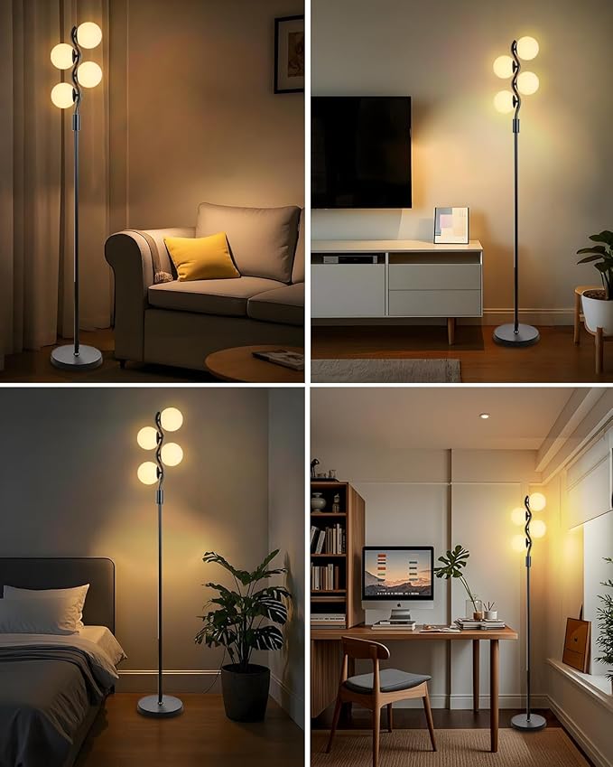 60IN Dimmable (Brightness Adjustable) Black Floor Lamp, Modern Standing Lamps with 4 Globe Soft Warm White 3000K Bulbs, Mid Century Floor Lamp for Living Room Bedroom Home Decor