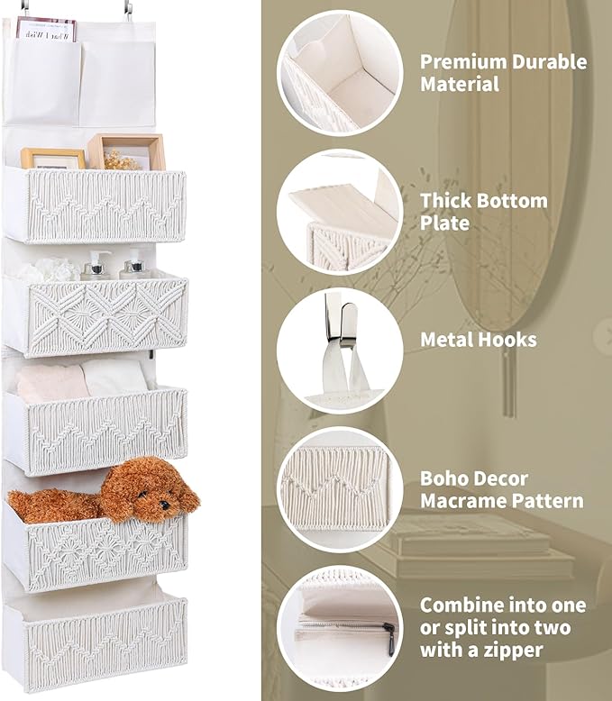ANTIS'S HOME Over The Door Organizer Boho Decor Storage with 5 Large Woven Pockets, Detachable, Macrame Nursery Organizer and Toy Storage, Behind Door for Bathroom or Bedroom