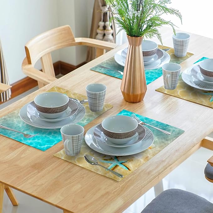 Giwawa Ocean Starfish Placemats Set of 4, Nautical Seashell Coral Coastal Linen Table Place Mats for Kitchen Dining Summer Aquatic Life Decoration, Non-Slip Heat-Resistant Washable, 12" x 18"