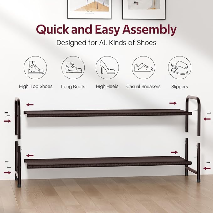 SLEEPING LAMB 2-Tier Shoe Rack for Closet, Long Stackable Wide Shoe Organizer Holds 18-Pairs Low Shoe Shelf Storage for Bedroom, Floor, Entryway (Bronze)