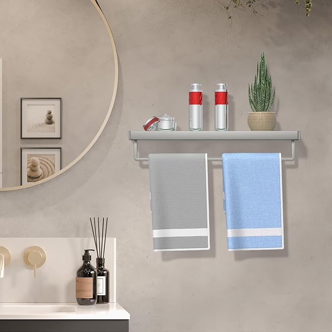 Glass Shelves/Shelf Wall Mount 20-in with Towel Bar/Rack Floating Shelves for Bathroom Tempered Glass Rectangular 1 Tier Organizer Wall Shelf (Brushed Nickel, 20'')