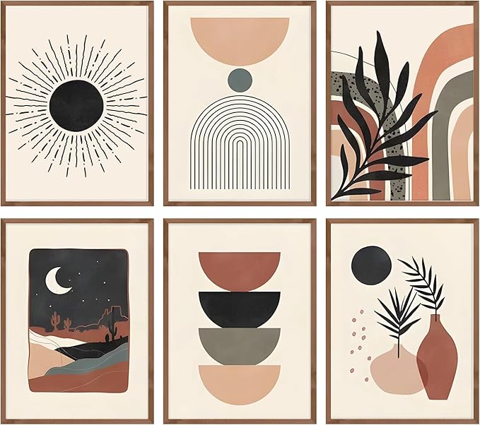 RETRART Boho Wall Decor for Bedroom, Art Home Palm Leaf Sun Moon Line Gallery Abstract Art, Minimalist | Unframed 8 inx10 inx6 PCS