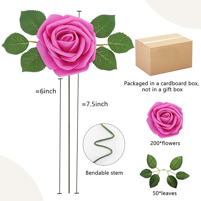 200Pcs Hot Pink Artificial Flowers Roses Real Looking Foam Fake Roses with Leaves and for DIY Wedding Bouquets Bridal Shower Centerpieces Party Decorations (Hot Pink, 200)