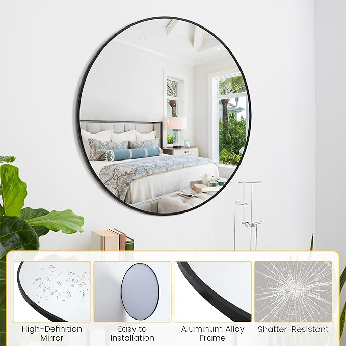 IDEALHOUSE 20 Inch Black Round Wall Mirror, Circle Mirror Metal Frame for Bathroom, Vanity, Entryway, Bedroom, Living Room, Wall Mounted Modern Rustic Decor