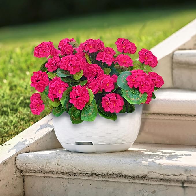 Fake Outdoor Flowers, 4 Pcs Artificial Flowers For Outdoors, Rose Red Artificial Geraniums Plastic Flowers, Fake Plant For Outside, Silk Faux Flowers For Outdoor Planters UV Resistant For Front Porch