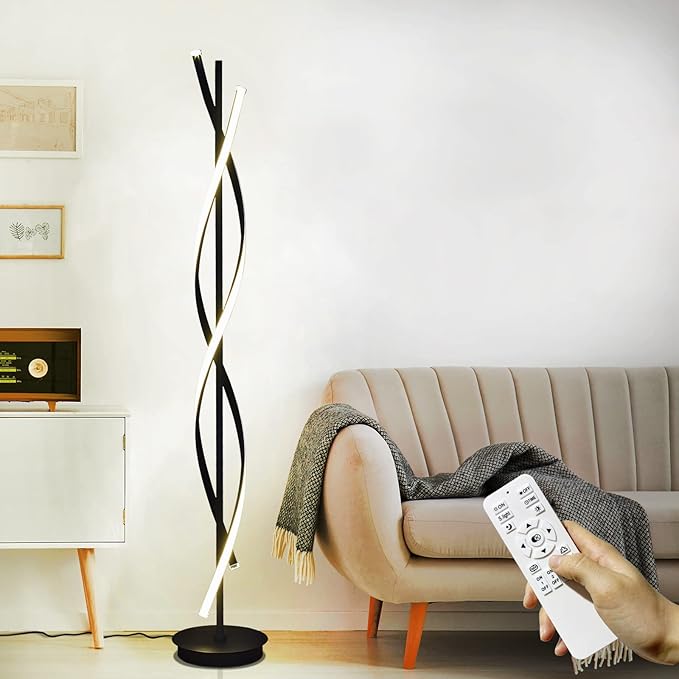 61" LED Floor Lamp for Living Room, 40W 3 Colors Stepless Dimmable and Color-Changing Bright Floor Standing Lamp,Unique Spiral Floor Tall Lamp for Bedroom Office with Remote (Black)