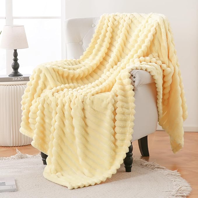 Bnuitland Super Soft Flannel Throw Blanket, 3D Striped Jacquard Fluffy Blanket for Bed,Sofa,Couch,Home Decor, 300GSM Fleece Lightweight Cozy Throw for Adults and Kids, 50X70 inches Light Yellow