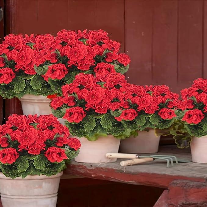 Fake Outdoor Flowers, 4 Pcs Artificial Flowers For Outdoors, Red Artificial Geraniums Plastic Flowers, Fake Plant For Outside, Silk Faux Flowers For Outdoor Planters UV Resistant For Front Porch