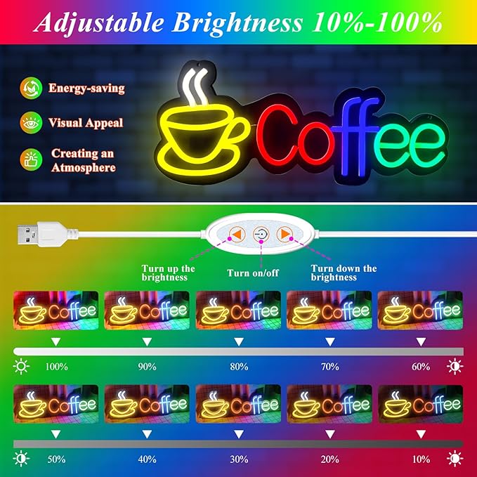 Coffee Neon Signs,Led Coffee Sign Dimmable USB Powered Coffee Signs For Coffee Bar,Coffee Stantion,Coffee Shop,Home Bar Wall Decor
