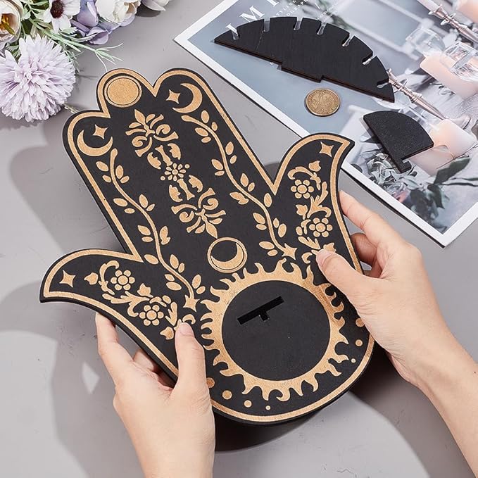 CREATCABIN Hamsa Crystal Display Shelf Wooden Moon Sun Crystal Holder Shelves Hamsa Hand Wall Decor Mounted Floating Shelf Stand Organizer for Witch Stuff Altar Spiritual Gift Black 9.8 x 11.8Inch