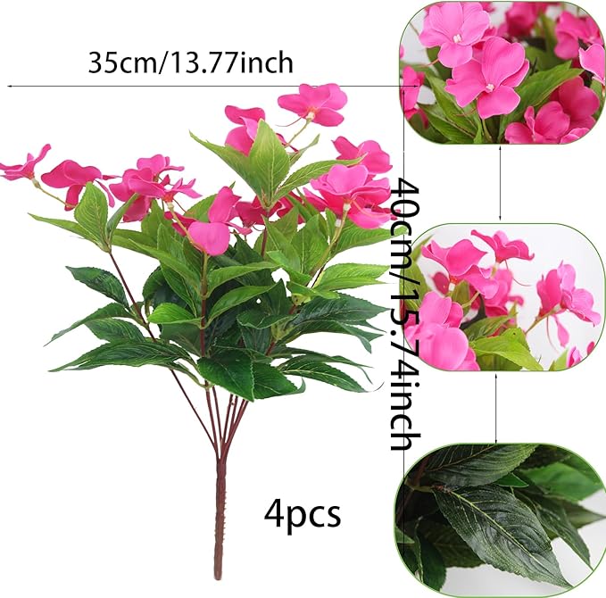 4 Pcs Artificial Flowers Outdoor Impatiens UV Resistant Silk Impatiens Flowers Rose Red Faux Flowers Impatiens Bushes Artificial Impatiens for Pot Patio Lawn Garden Hanging Basket Porch Decor