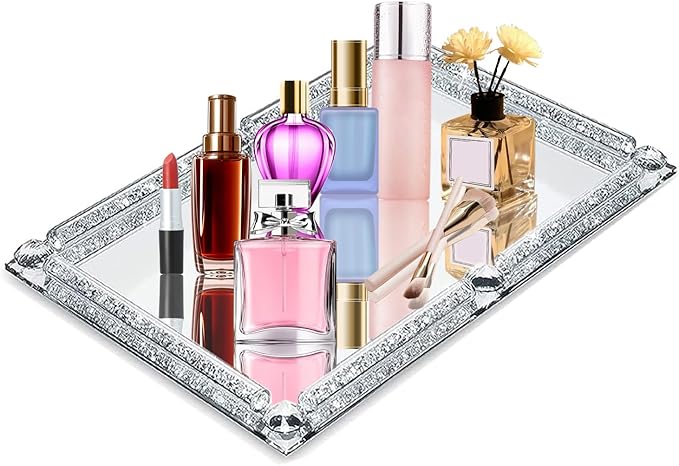 Mirrored Vanity Tray, Crushed Diamond Filled Crystal Glass Cosmetic Makeup Tray, Sparkle Perfume Jewelry Trinket Countertop Decorative Tray, for Home Party Hotel Dresser Bathroom Bedroom, Silver