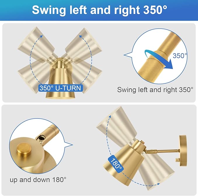 Plug in Wall Sconces, Dimmable Wall Sconces Adjustable Angle Wall Lights with Plug in Cord and Dimmer On/Off Knob Switch, Gold Wall Mounted Light for Bedroom Bedside Stairway(2 Pack, 2 Bulbs)