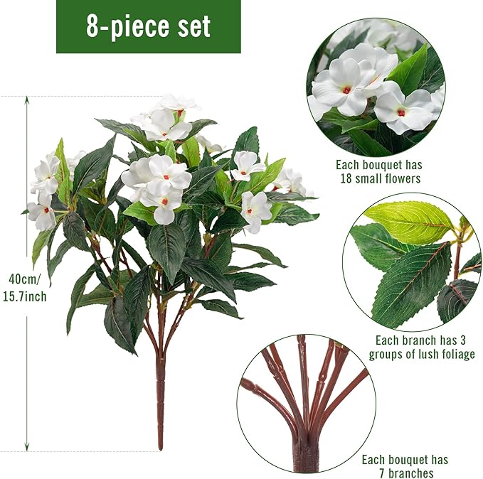 Uqueeten15.7” Spring Decorations For Home Fake Plants Fake Flowers White Flowers Artificial Impatiens Bouquet Flowers For Outdoors Silk Faux Flowers Impatiens Plants Decor Indoor Planters (White) 8pcs
