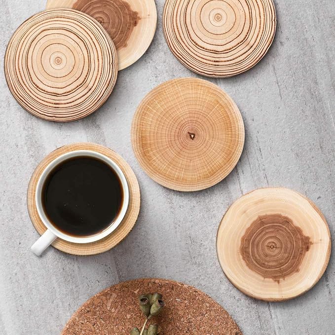 Britimes Coaster for Drinks Set of 6, Wood Grain Absorbent Round Ceramic Stone Mat, with Cork Base and Metal Holder, Gift for Housewarming Room Bar Decor