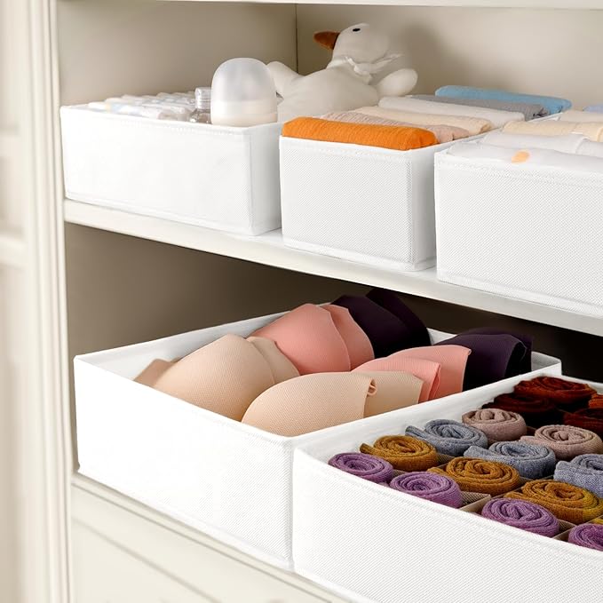 Criusia Underwear Sock Drawer Organizer Dividers 8 Set, Foldable Dresser Closet Organizers and Storage Bins for Baby Clothing, Sock, Underwear, Bra, Ties, Scarf (White)
