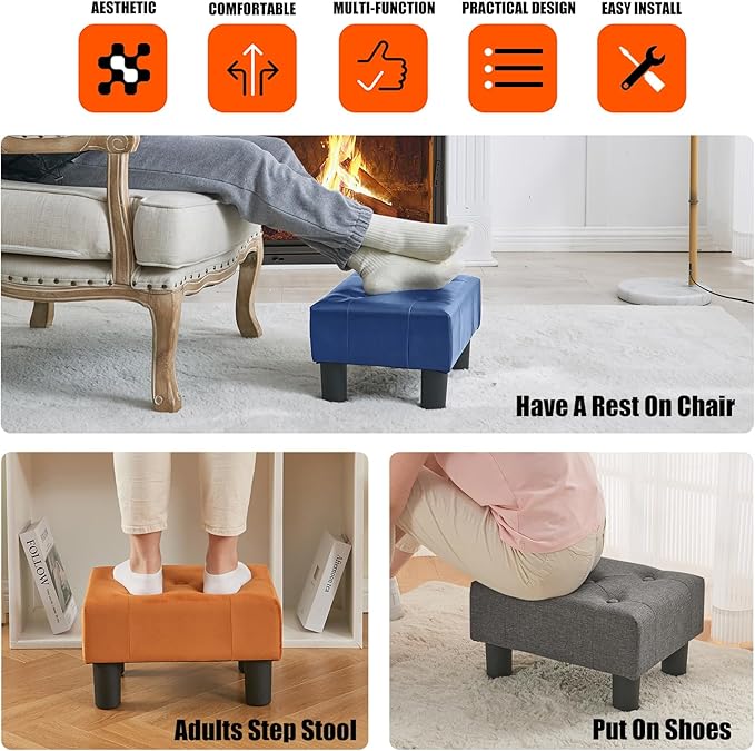 BRIAN & DANY Small Foot Stool, Leather Foot Stools with Legs, Stable Small Footstool for Living Room, Blue