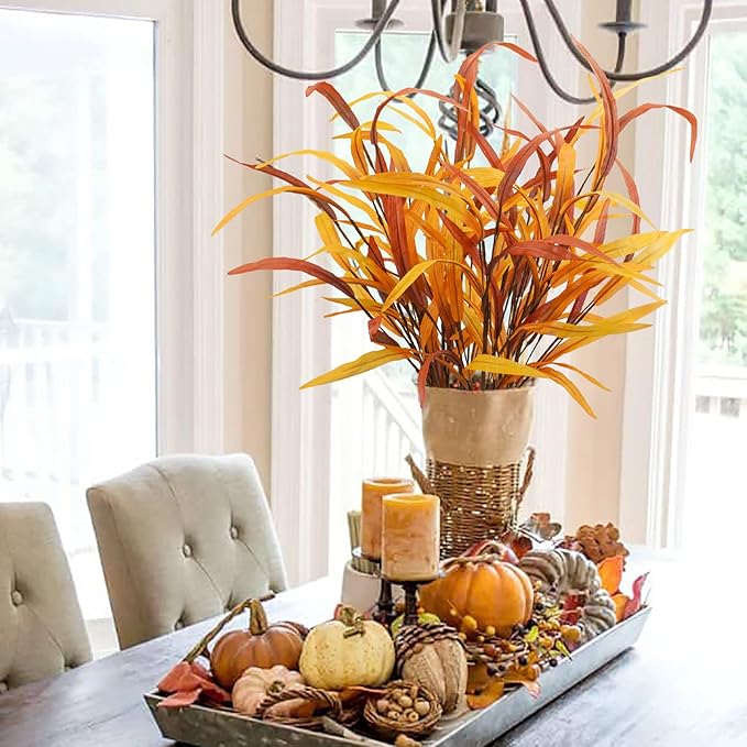 6Pcs Artificial Fall Leaves Grass Stems, 27.5" Fall Leaf Spray Plants Autumn Greenery Stems for Home Floral Arrangement Kitchen Office Harvest Thanksgiving Fall Decorations