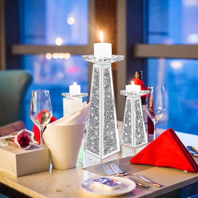 Wocred 2 Piece Candlestick Holders for Holding Pillar Candles, Crystal Crushed Diamond Candle Holders Set Decor for Dinning Room, Silver Glass Votive Candle Holders for Table Centerpiece(8”)