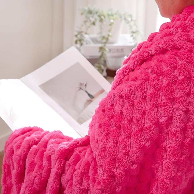 Puncuntex Hot Pink Throw Blanket 90"×90" inches Fuzzy 3D Jacquard Decorative Flannel Fleece Super Soft Plush Cozy Blanket for Couch Sofa Chair Lightweight