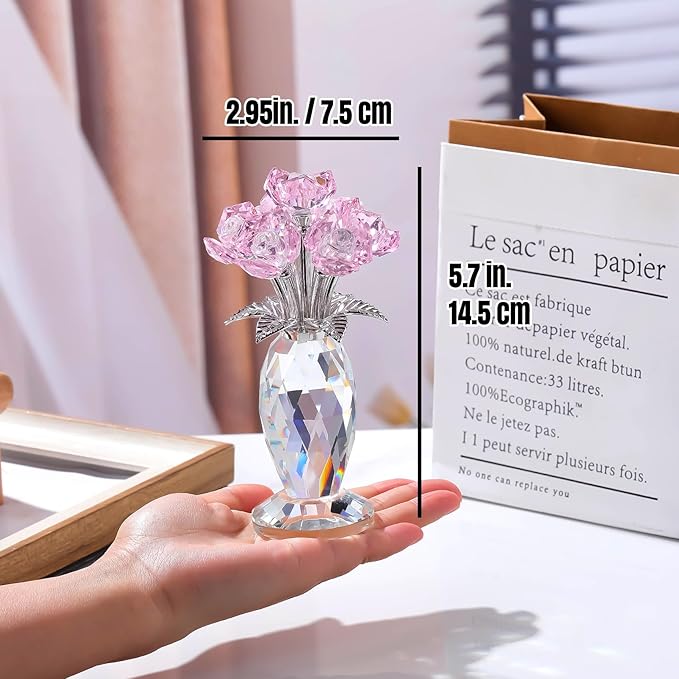 Crystal Pink Rose Bouquet Figurines Gifts for Women Romantic Flowers Ornament for Home Decor Anniversary Birthday Valentine's Day Presents for Girlfriend Wife Partner