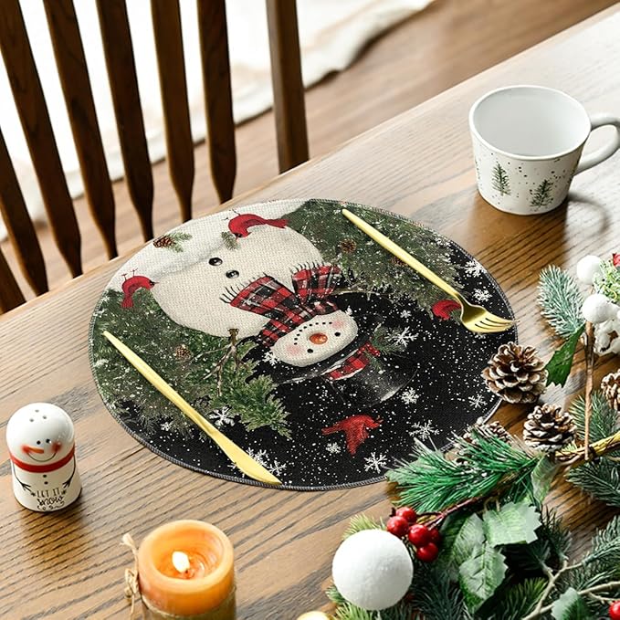 Artoid Mode Snowman Trees Snowflakes Christmas Round Placemats Set of 4, 14 Inch Black Winter Round Table Mats for Dining Decoration