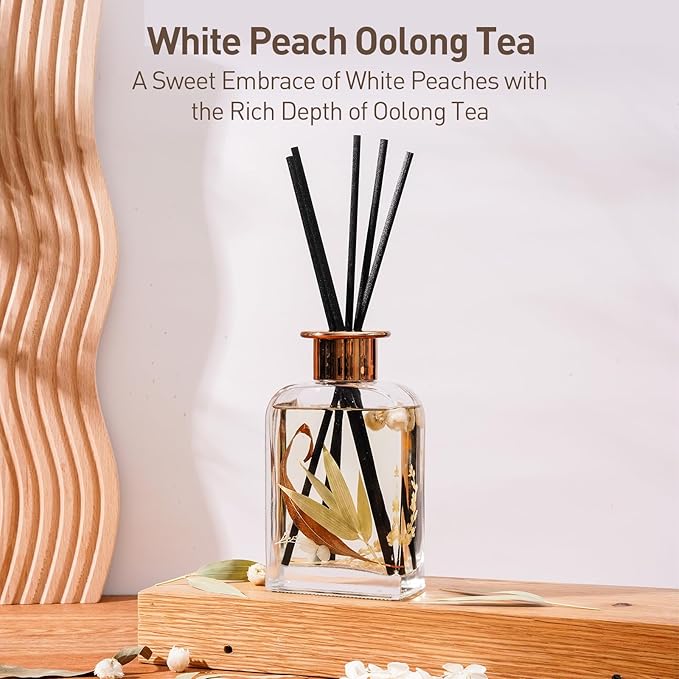 White Peach Oolong Tea Botanical Essential Oil Reed Diffuser Set/6.7oz/Fresh Bamboo, Eucalyptus/Decorative Air Freshener/Home, Office, Room Décor/Aromatherapy Gift/Scentsy Home Fragrance