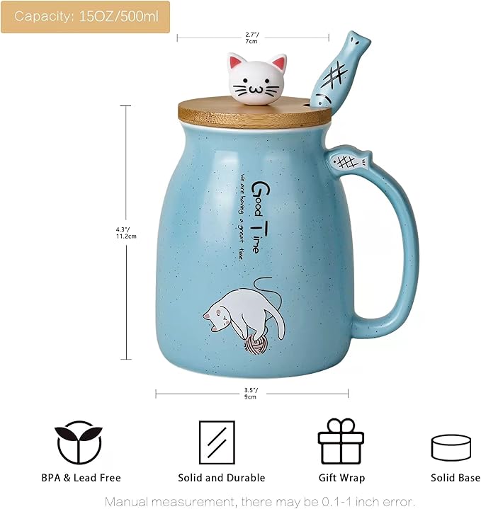 SHENDONG Cute Cat Mug Cat Cup Novelty Cat Mugs Cat Gifts for Cat Lovers Women Girl Kids Morning Office Cute Cat Cup Coffee Cup with Kawaii Kitty Lid and Spoon Japanese style Blue 15OZ