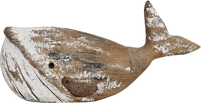 Linfevisi Wooden Whale Decor Tabletop Nautical Decor Solid Wood Whales Statue Sculpture Standing Coastal Decor Beach Figurines for Home Sea Decor for Bathroom Ocean Theme House Decor 4.9 Inches Tall