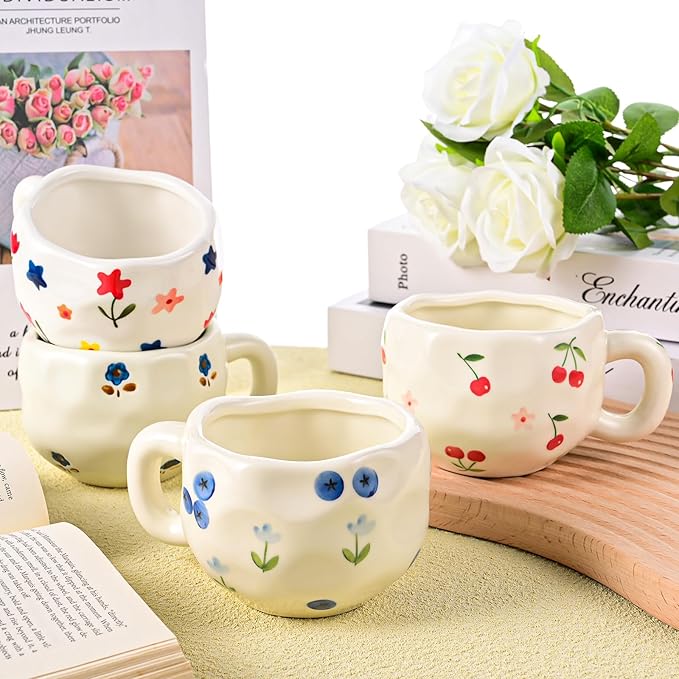 4 Pcs Ceramic Coffee Mugs Set of 4, 10 oz Hand Painted Floral Mug Cute Flower Cup Aesthetic Latte Art Cups for Office and Home Vintage Tea Cup for Cappuccino, Cocoa, Espresso - Microwave Safe