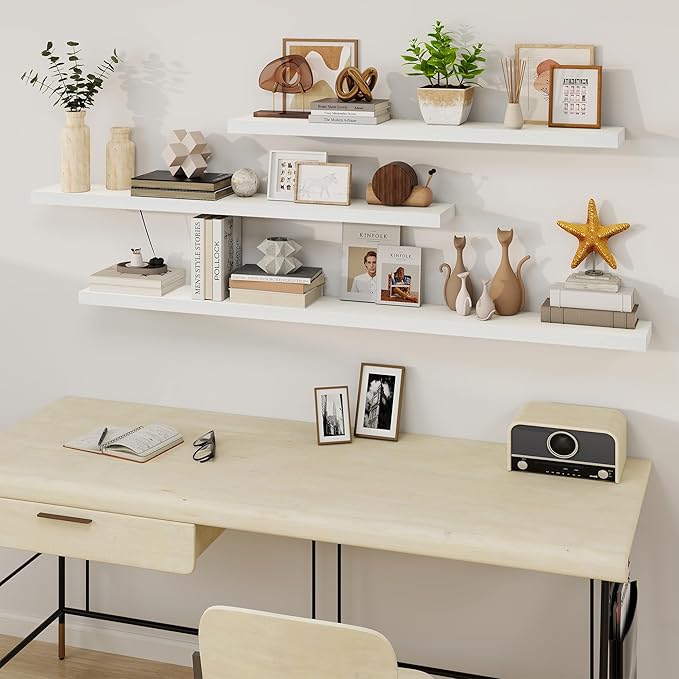 Fun Memories Floating Shelves for Wall, 48Inch Floating Shelves Set of 2, Hanging Shelf with Invisible Brackets, Wood Shelves for Living Room, Bedroom, Kitchen, White