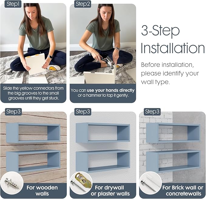 Kaboon 24in Floating Cube Shelves Set of 2, Display Shelves Wall Mount, Decorative Hanging Shelves for Kitchen Living Room Office,(Grayish Blue, Rectangle 2 Cubes)