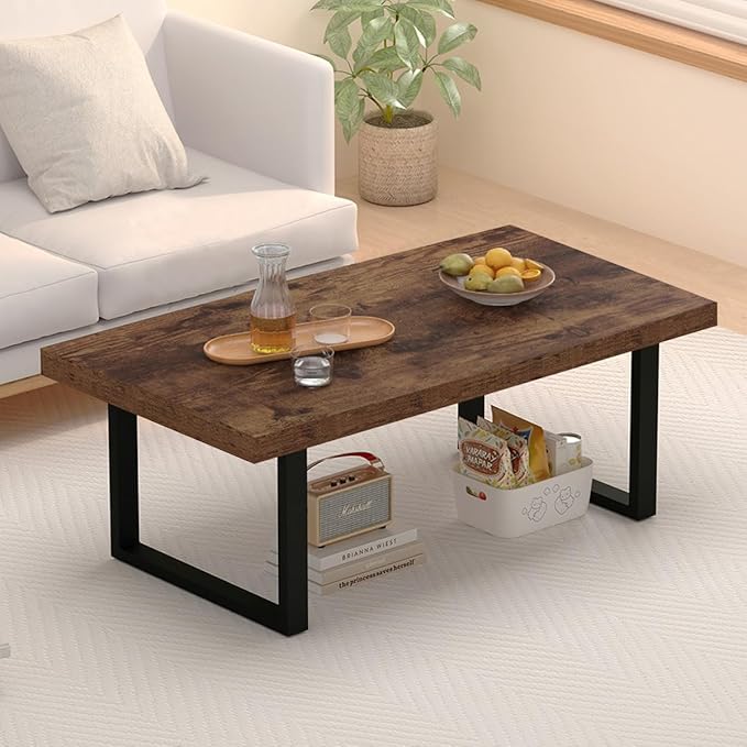 IBF Rustic Coffee Table, Industrial Simple Wooden Living Room Table, Modern Minimalist Farmhouse Rectangle Center Table, Wood and Metal Vintage Tea Coffee Table for Home Bedroom, Rustic Brown, 39 Inch