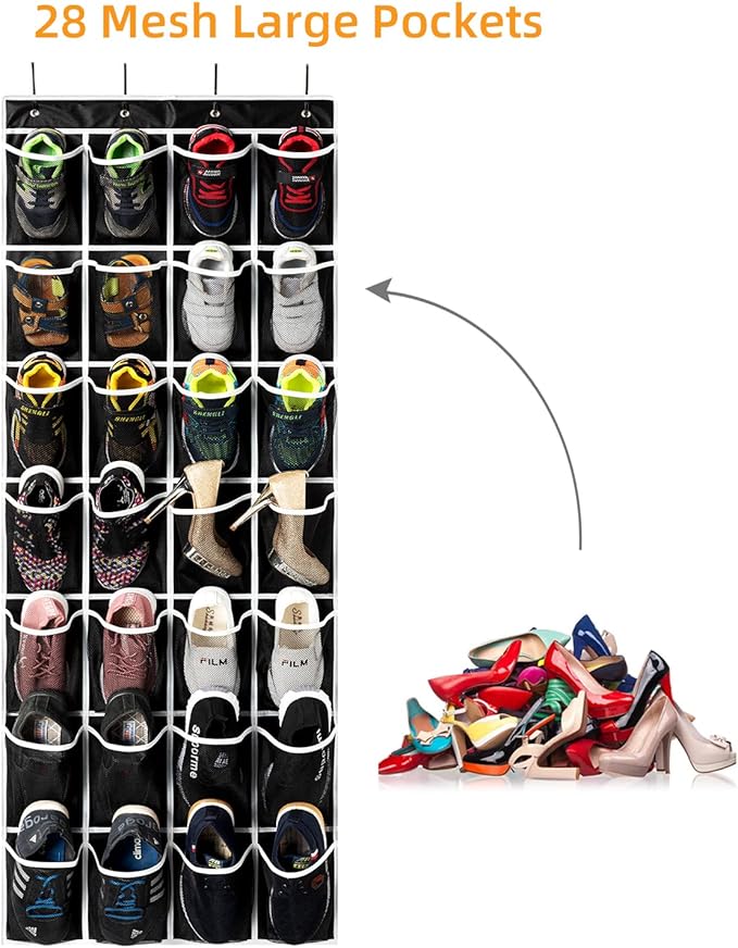 28 Pockets Over the Door Shoe Organzier, Hanging Shoe Organizer for Door Large Capacity Shoe Storage Bag with 4 Metal Hooks (Black-1Pack)