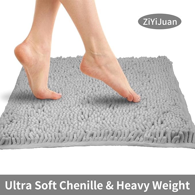 ZiYiJuan Bathroom Rugs, Super Absorbent Luxury Shaggy Chenille Bath Mats, (Light Gray,17x24+20x32(in)