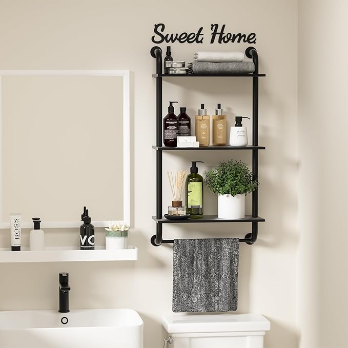 Rustic Farmhouse 3-Tier Wall Mounted Pipe Shelves, Industrial Floating Shelf Decor for Bathroom, Kitchen, Bedroom, Living Room - 17.3in Black
