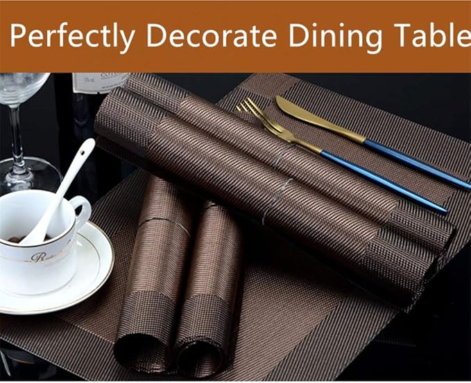 Placemats with Table Runner Sets Place Mats, Woven Crossweave Vinyl Kitchen Tablemat, Washable PVC Mats for Dining Table, Parties, Farmhouse, Thanksgiving, Christmas & Gathering (Brown)