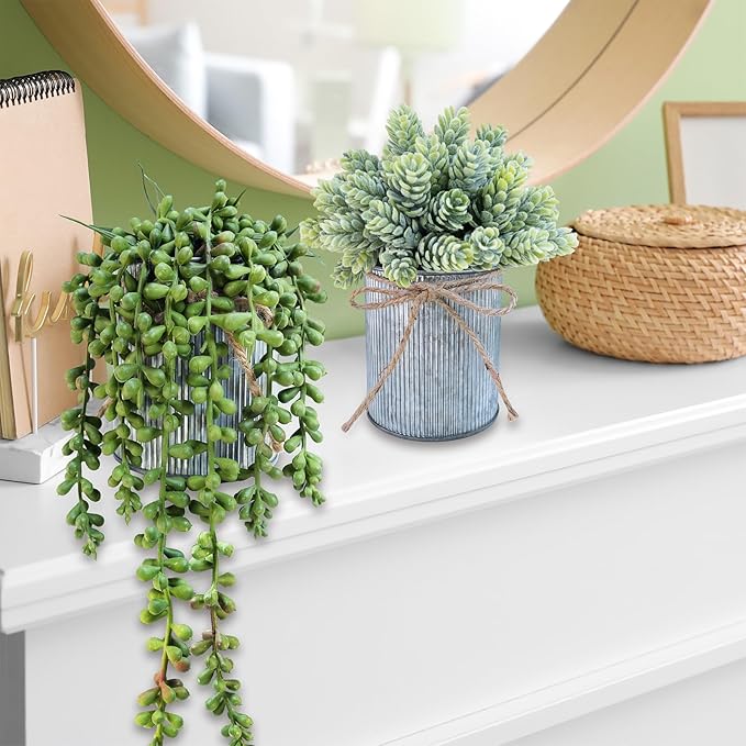 Winlyn Set of 3 Small Artificial Succulent Potted Plants Faux Aloe Hops Hanging Succulent in Rustic Galvanized Metal Pots Fake Plant Decor for Farmhouse Home Office Wedding Windowsill Table Shelf