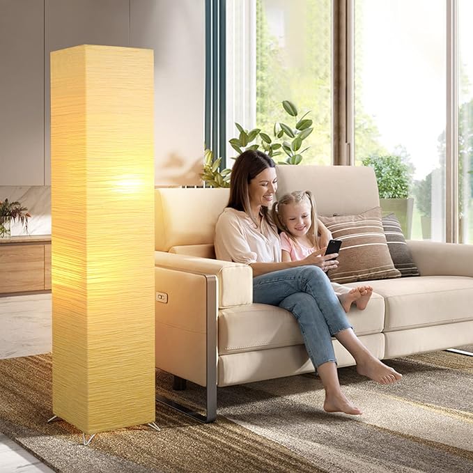 Modern Floor Lamp, Dimmable 3 Levels Brightness Paper Tall Lamp Standing Lamps with Lampshade, 55'' Minimalist Floor Lamps for Office, Kids Room, Reading, Home Decor (Light Beige)