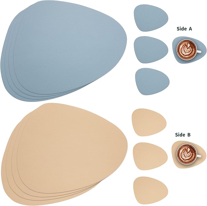 Myir JUN Placemats, Dual-Sided Placemats Waterproof Faux Leather Placemats Set of 4 Place Mats and Coasters Non-Slip Washable Table Mats for Dining Table (Camel Yellow Light Blue, Set of 4)