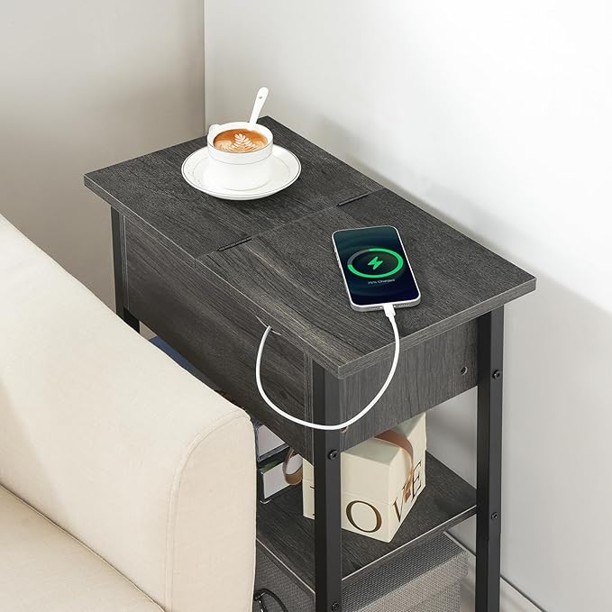 HOOBRO End Table with Charging Station, Narrow Side Table, Flip Top Nightstand with USB Ports and Outlets, Bedside Tables with Shelf for Small Spaces, Living Room, Charcoal Black BC341BZ01