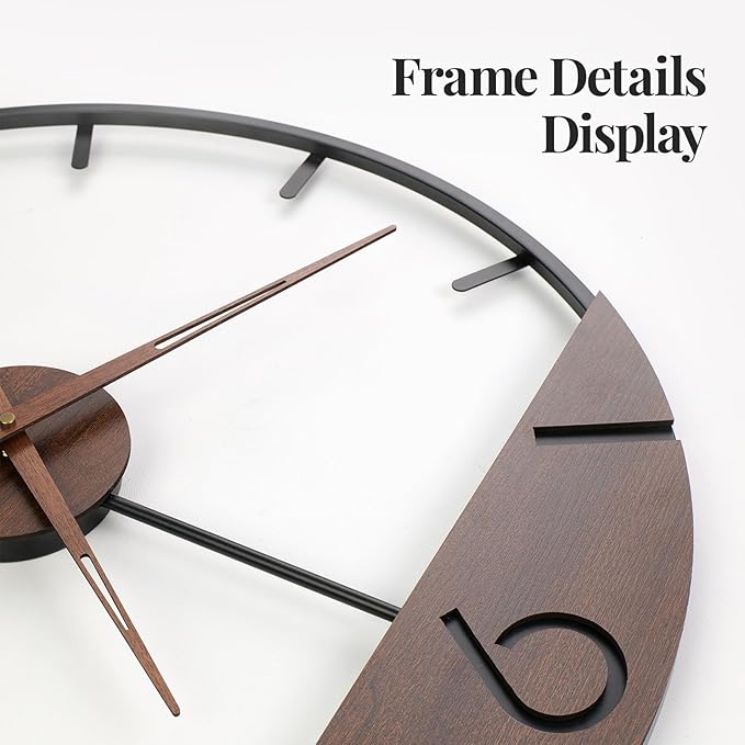 30 Inch Large Wall Clock for Living Room Decor, Walnut Wood Dial with Metal Frame, Silent Non Ticking Wall Clock Battery Operated for Kitchen, Office, or Bedroom