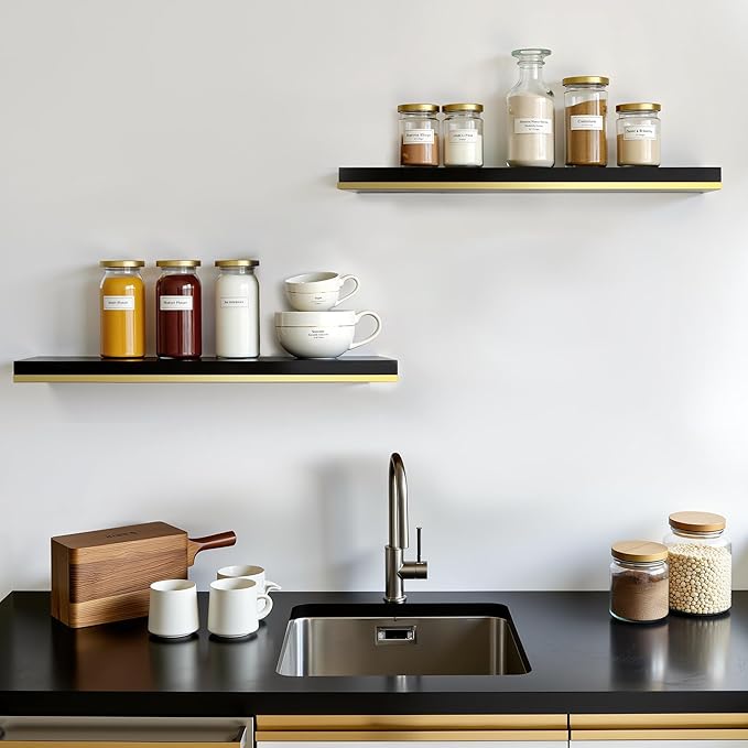 Gronda Floating Shelves for Wall, 23.6 Inch Black Floating Shelves Modern Home Decor Hanging Storage Organizer with Invisible Bracket Wall Mount for Bedroom Living Room Bathroom Kitchen, Set of 2