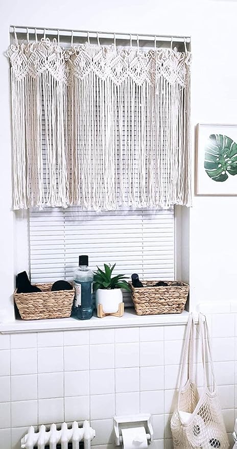 Mkono Wide Macrame Valance, 35" W x 26" H Short Window Treatments Panels Curtain Valance Woven Boho Wall Hanging Home Decor for Kitchen Bathroom Bedroom Living Room Apartment Dorm